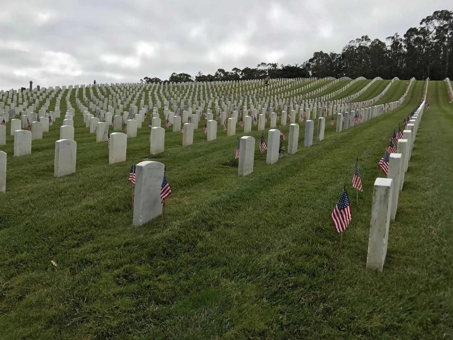 American flags placed at headstones in the Presidio National Cemetery
